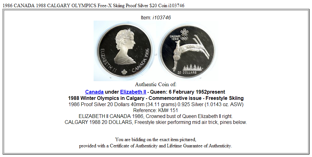 1986 CANADA 1988 CALGARY OLYMPICS Free-X Skiing Proof Silver $20 Coin i103746