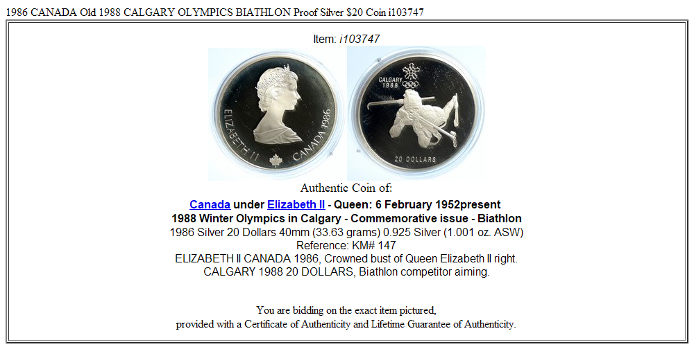 1986 CANADA Old 1988 CALGARY OLYMPICS BIATHLON Proof Silver $20 Coin i103747