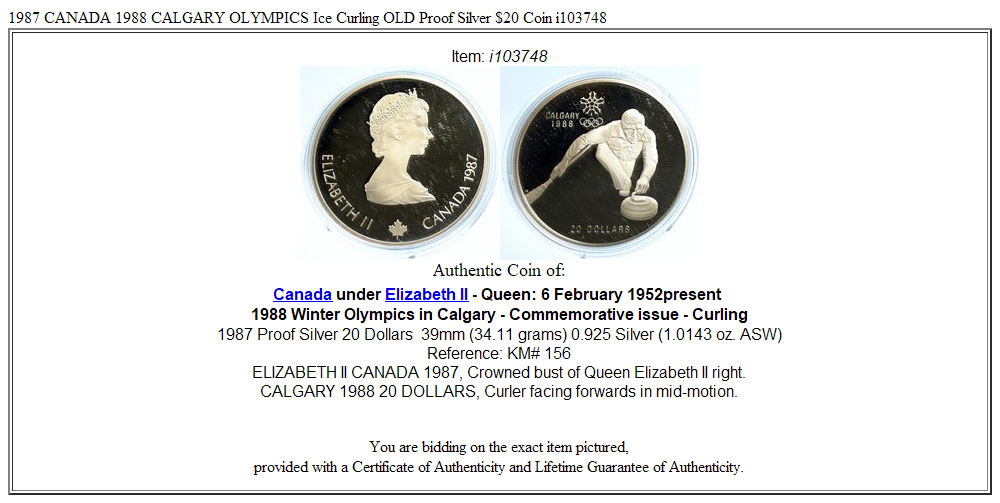 1987 CANADA 1988 CALGARY OLYMPICS Ice Curling OLD Proof Silver $20 Coin i103748