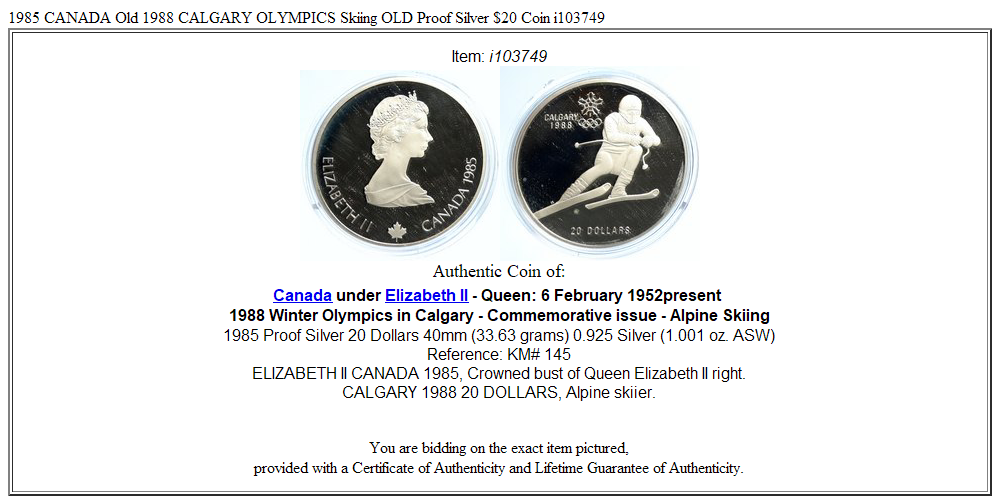 1985 CANADA Old 1988 CALGARY OLYMPICS Skiing OLD Proof Silver $20 Coin i103749