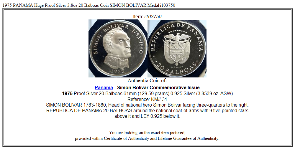 1975 PANAMA Huge Proof Silver 3.8oz 20 Balboas Coin SIMON BOLIVAR Medal i103750