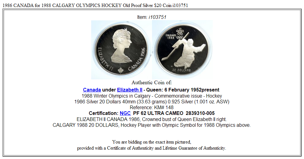 1986 CANADA for 1988 CALGARY OLYMPICS HOCKEY Old Proof Silver $20 Coin i103751