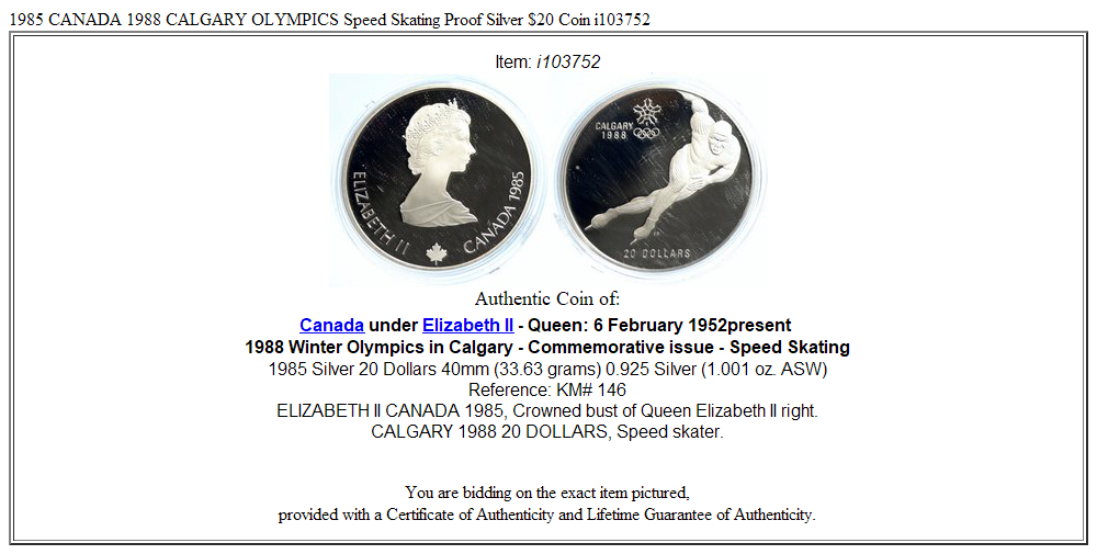 1985 CANADA 1988 CALGARY OLYMPICS Speed Skating Proof Silver $20 Coin i103752