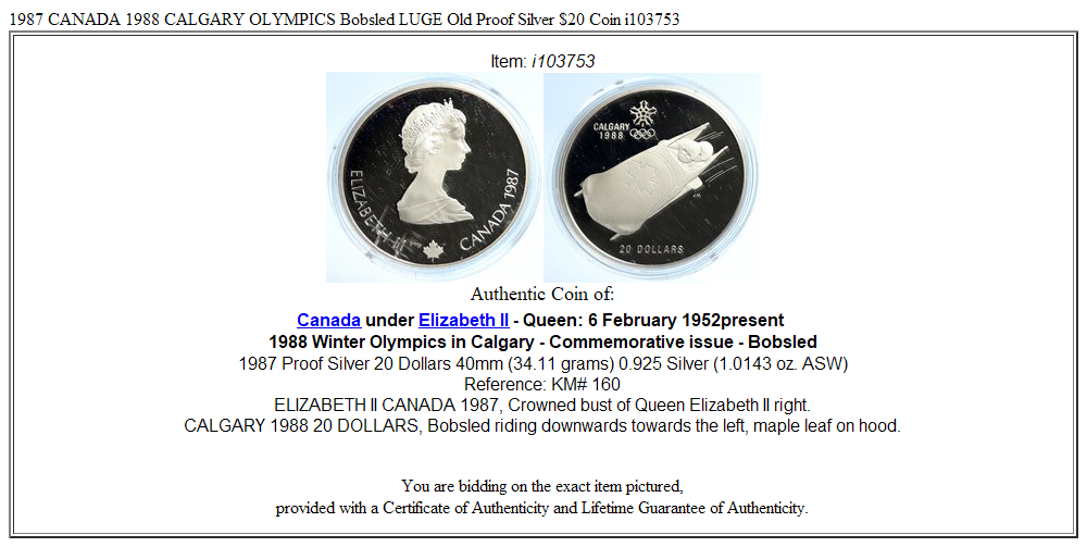 1987 CANADA 1988 CALGARY OLYMPICS Bobsled LUGE Old Proof Silver $20 Coin i103753