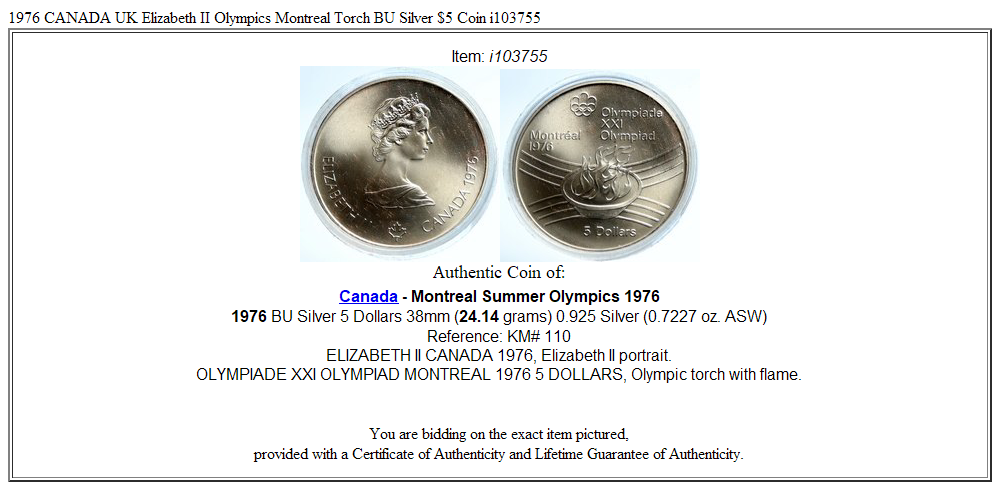 1976 CANADA UK Elizabeth II Olympics Montreal Torch BU Silver $5 Coin i103755