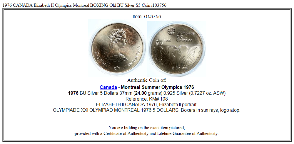 1976 CANADA Elizabeth II Olympics Montreal BOXING Old BU Silver $5 Coin i103756