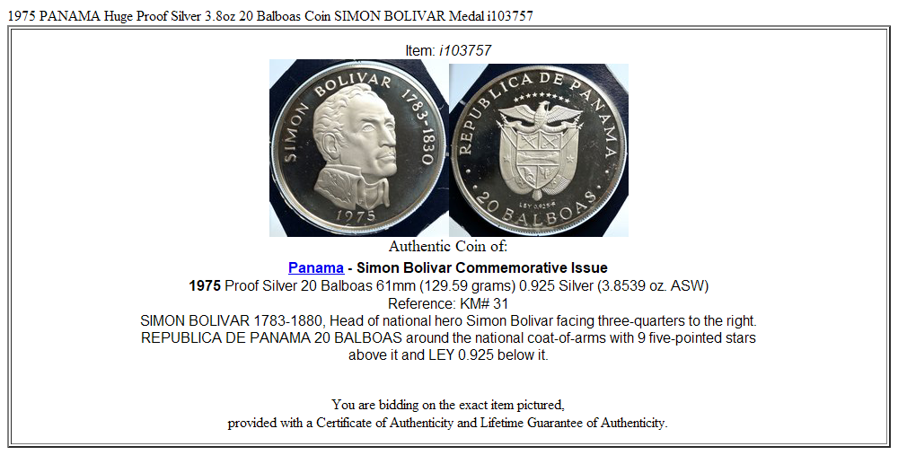 1975 PANAMA Huge Proof Silver 3.8oz 20 Balboas Coin SIMON BOLIVAR Medal i103757