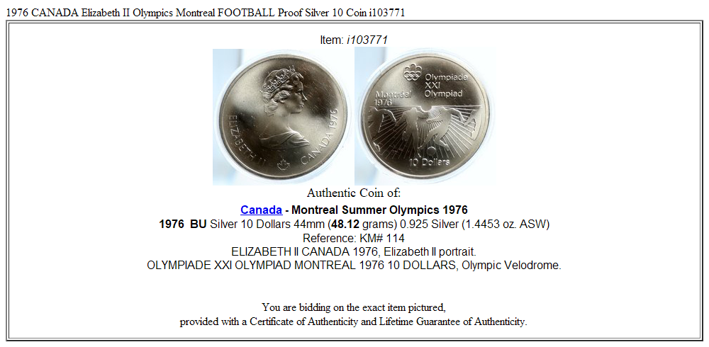 1976 CANADA Elizabeth II Olympics Montreal FOOTBALL Proof Silver 10 Coin i103771