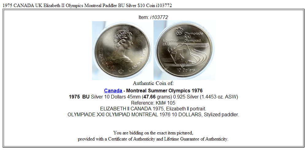 1975 CANADA UK Elizabeth II Olympics Montreal Paddler BU Silver $10 Coin i103772