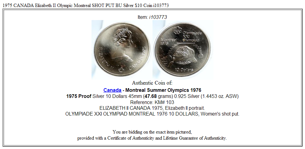 1975 CANADA Elizabeth II Olympic Montreal SHOT PUT BU Silver $10 Coin i103773