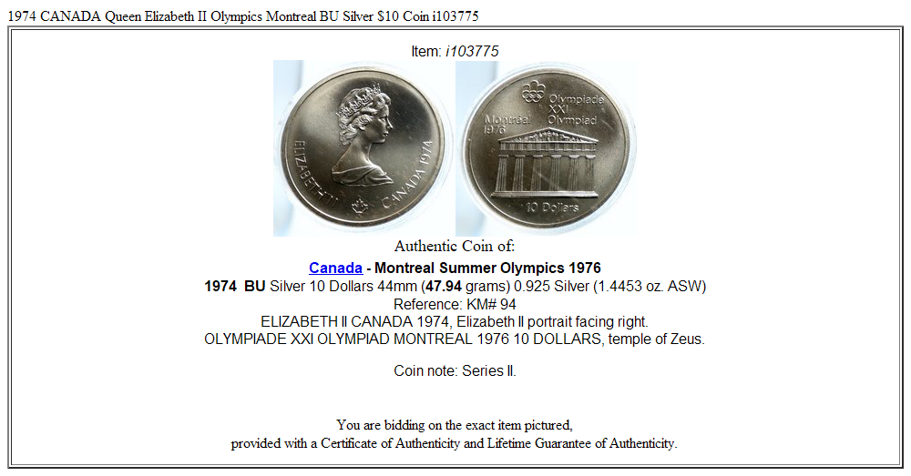 1974 CANADA Queen Elizabeth II Olympics Montreal BU Silver $10 Coin i103775