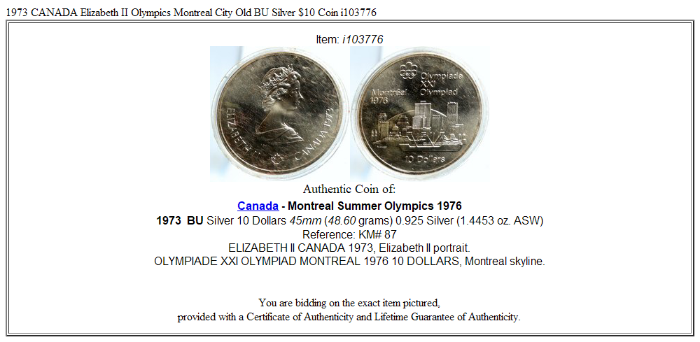 1973 CANADA Elizabeth II Olympics Montreal City Old BU Silver $10 Coin i103776