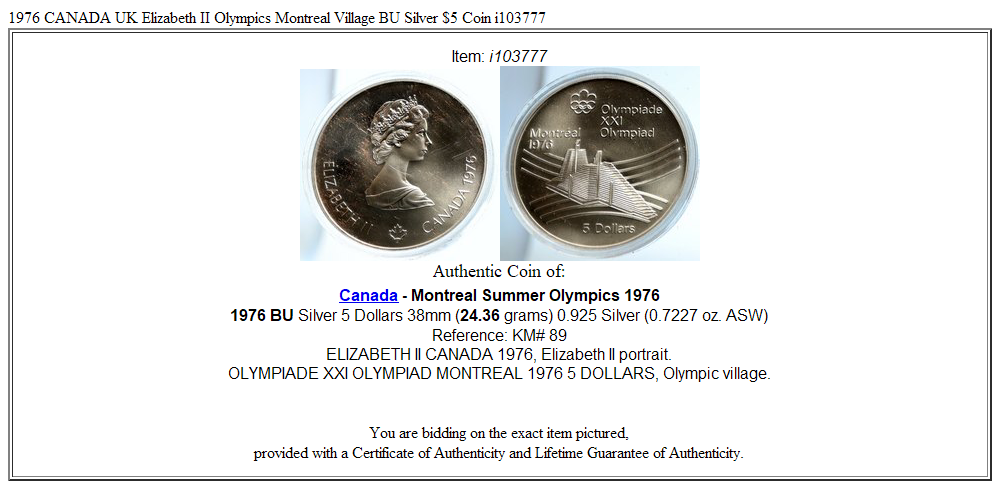 1976 CANADA UK Elizabeth II Olympics Montreal Village BU Silver $5 Coin i103777