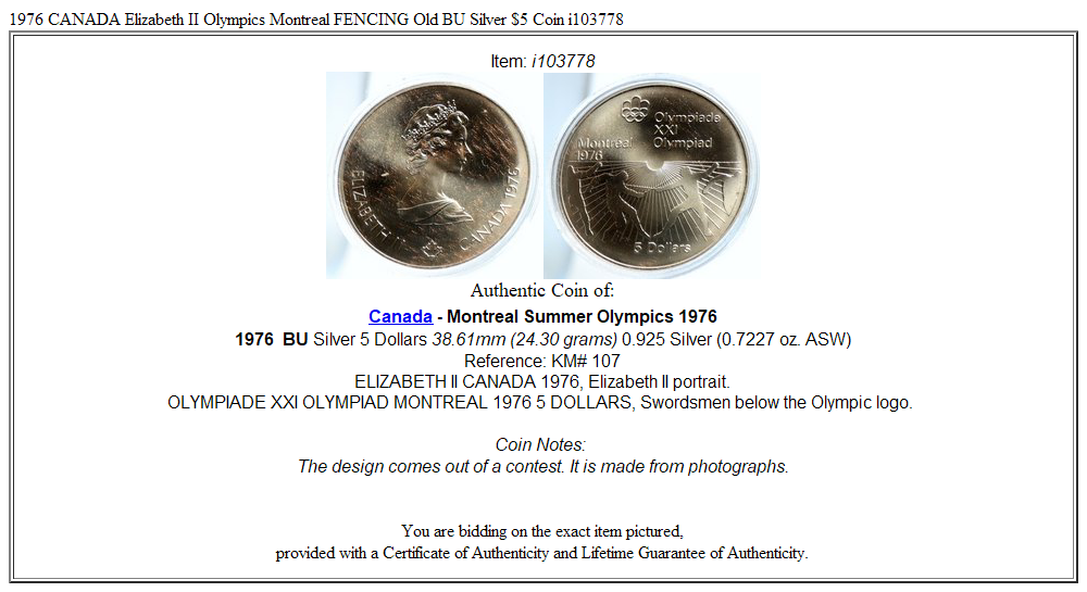 1976 CANADA Elizabeth II Olympics Montreal FENCING Old BU Silver $5 Coin i103778