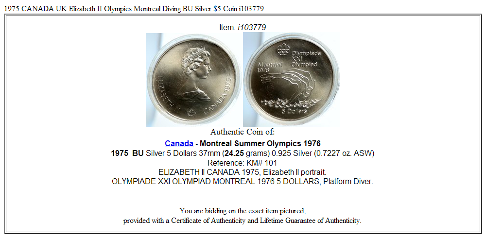 1975 CANADA UK Elizabeth II Olympics Montreal Diving BU Silver $5 Coin i103779