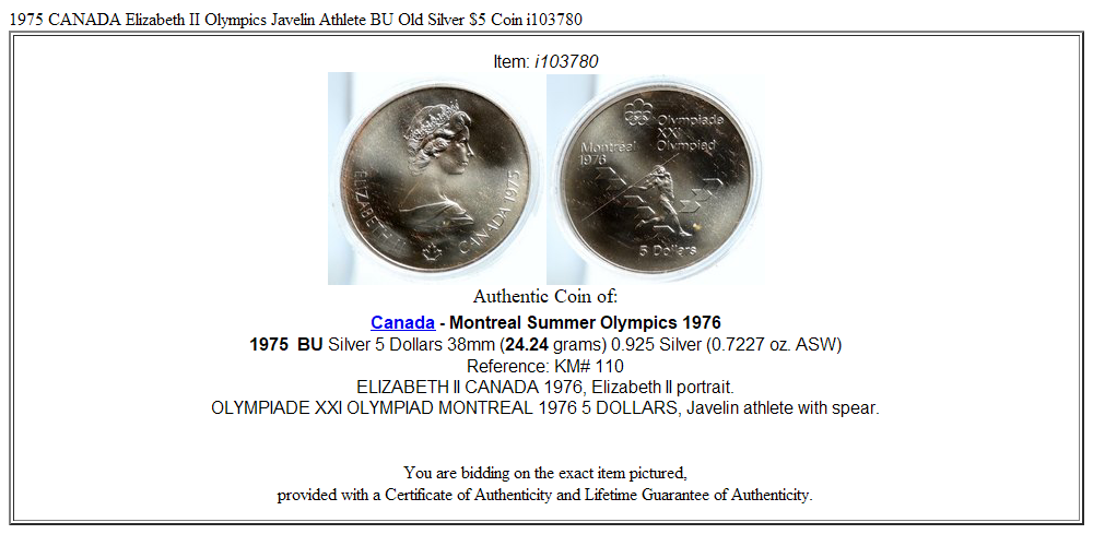 1975 CANADA Elizabeth II Olympics Javelin Athlete BU Old Silver $5 Coin i103780