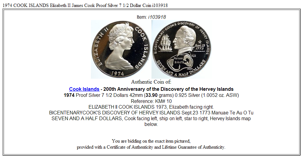 1974 COOK ISLANDS Elizabeth II James Cook Proof Silver 7 1/2 Dollar Coin i103918