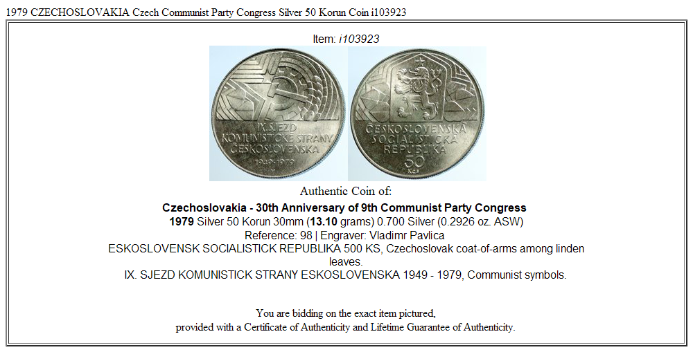 1979 CZECHOSLOVAKIA Czech Communist Party Congress Silver 50 Korun Coin i103923