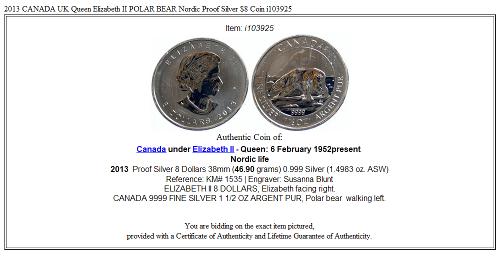 2013 CANADA UK Queen Elizabeth II POLAR BEAR Nordic Proof Silver $8 Coin i103925