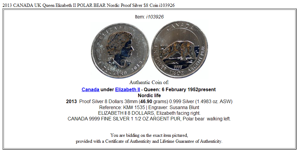 2013 CANADA UK Queen Elizabeth II POLAR BEAR Nordic Proof Silver $8 Coin i103926