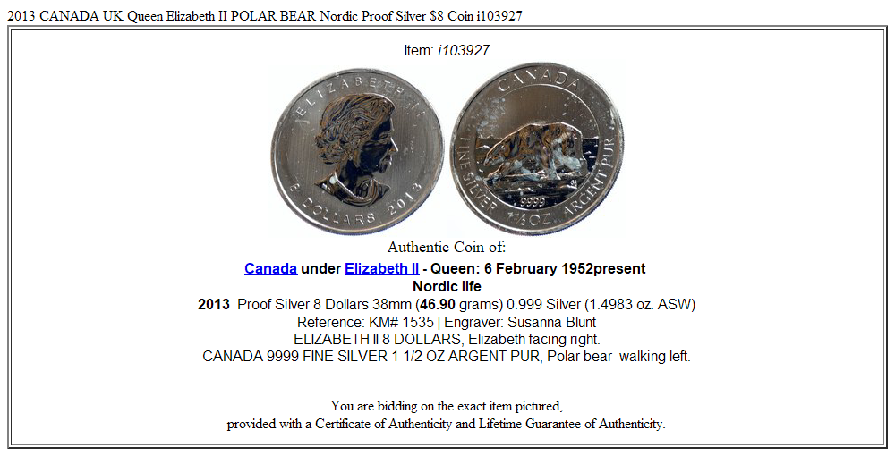 2013 CANADA UK Queen Elizabeth II POLAR BEAR Nordic Proof Silver $8 Coin i103927