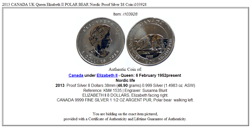 2013 CANADA UK Queen Elizabeth II POLAR BEAR Nordic Proof Silver $8 Coin i103928