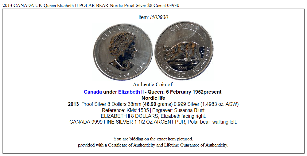 2013 CANADA UK Queen Elizabeth II POLAR BEAR Nordic Proof Silver $8 Coin i103930