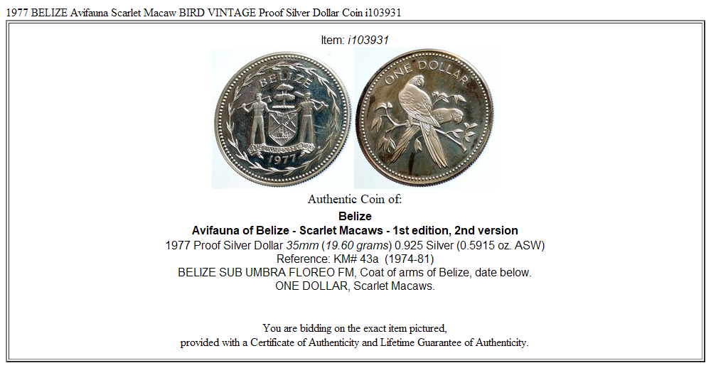 1977 BELIZE Avifauna Scarlet Macaw BIRD VINTAGE Proof Silver Dollar Coin i103931