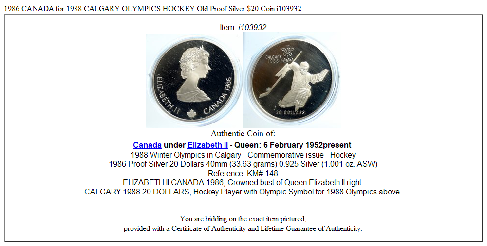 1986 CANADA for 1988 CALGARY OLYMPICS HOCKEY Old Proof Silver $20 Coin i103932