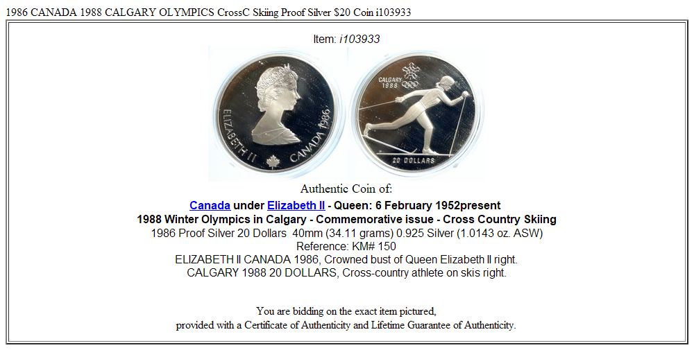 1986 CANADA 1988 CALGARY OLYMPICS CrossC Skiing Proof Silver $20 Coin i103933