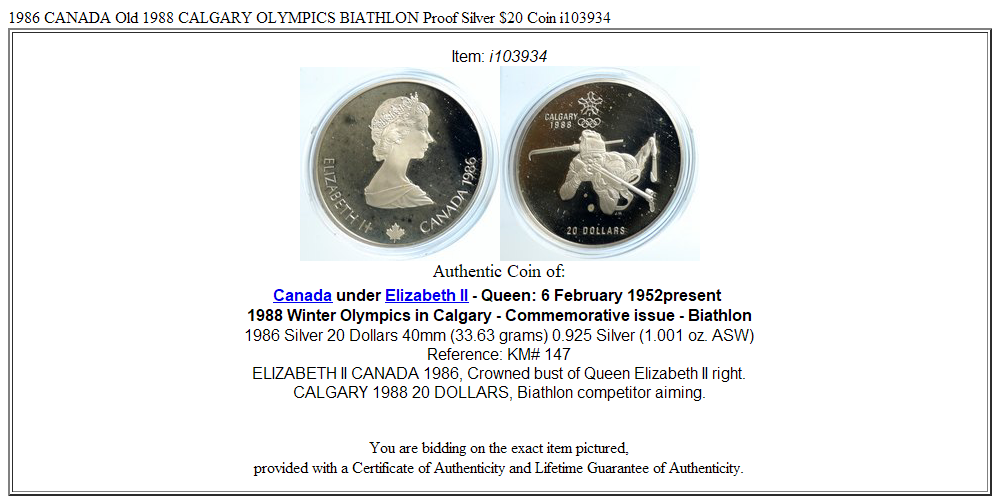 1986 CANADA Old 1988 CALGARY OLYMPICS BIATHLON Proof Silver $20 Coin i103934