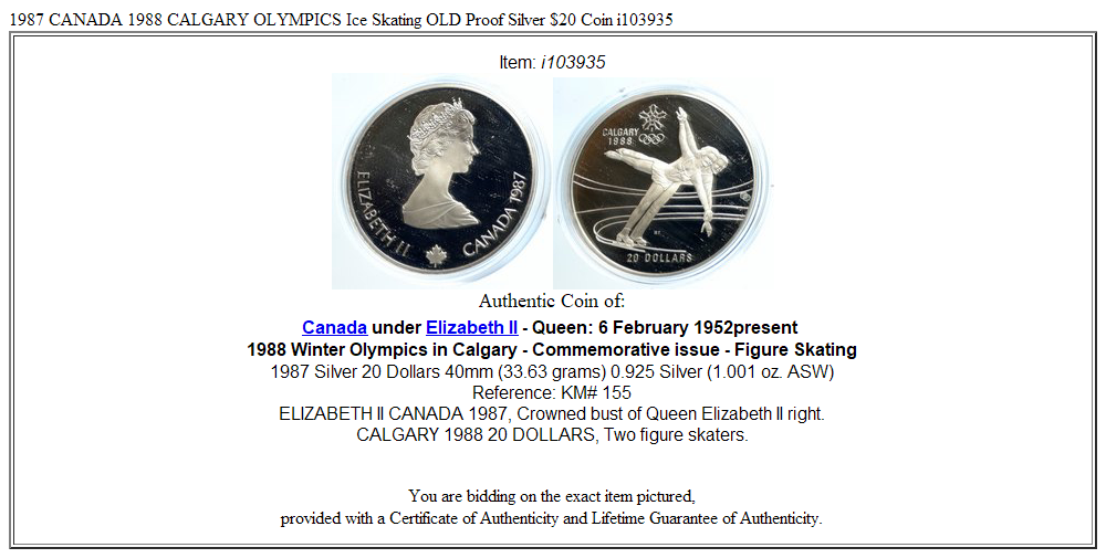 1987 CANADA 1988 CALGARY OLYMPICS Ice Skating OLD Proof Silver $20 Coin i103935