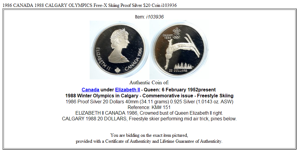 1986 CANADA 1988 CALGARY OLYMPICS Free-X Skiing Proof Silver $20 Coin i103936