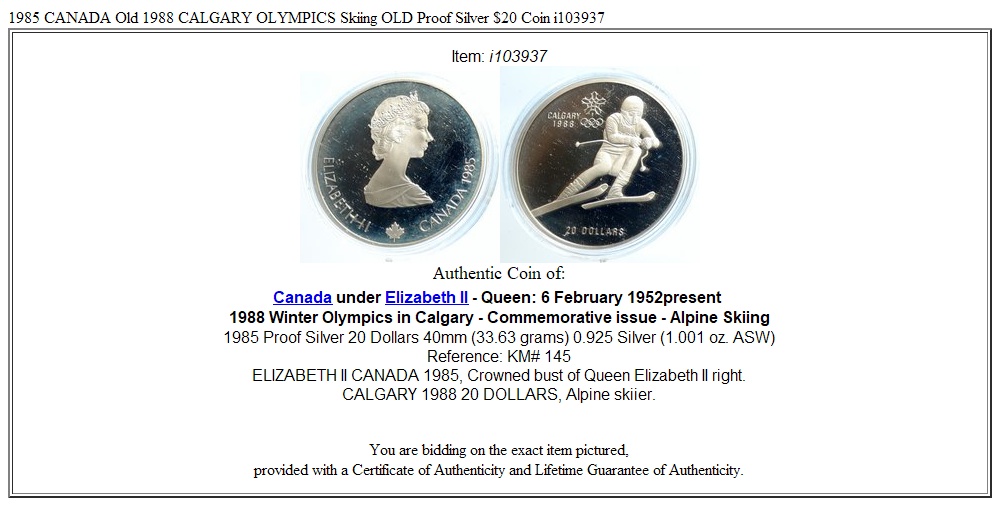 1985 CANADA Old 1988 CALGARY OLYMPICS Skiing OLD Proof Silver $20 Coin i103937