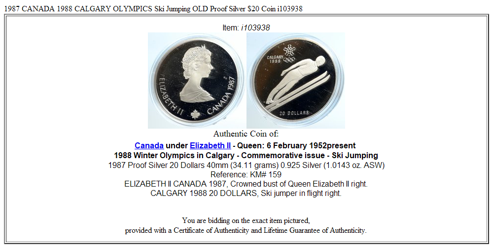 1987 CANADA 1988 CALGARY OLYMPICS Ski Jumping OLD Proof Silver $20 Coin i103938