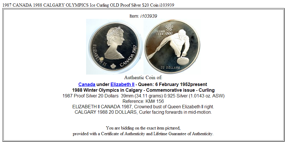 1987 CANADA 1988 CALGARY OLYMPICS Ice Curling OLD Proof Silver $20 Coin i103939