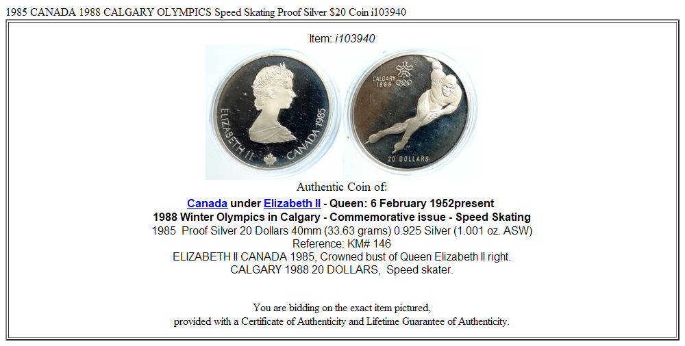 1985 CANADA 1988 CALGARY OLYMPICS Speed Skating Proof Silver $20 Coin i103940