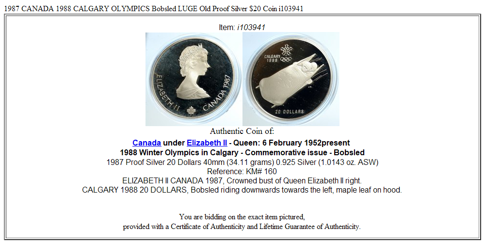 1987 CANADA 1988 CALGARY OLYMPICS Bobsled LUGE Old Proof Silver $20 Coin i103941