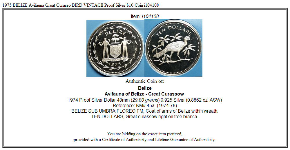 1975 BELIZE Avifauna Great Curasso BIRD VINTAGE Proof Silver $10 Coin i104108