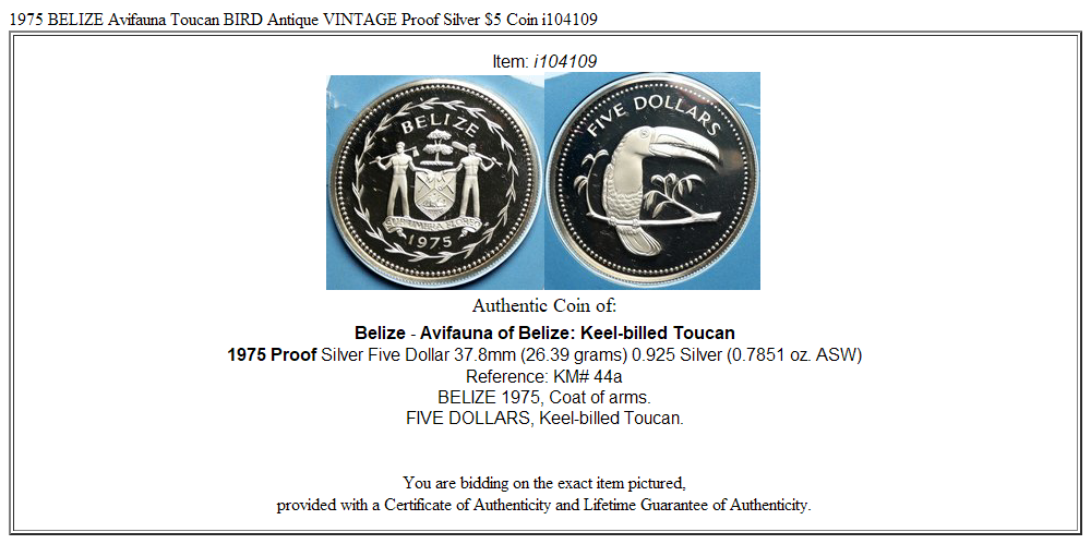 1975 BELIZE Avifauna Toucan BIRD Antique VINTAGE Proof Silver $5 Coin i104109