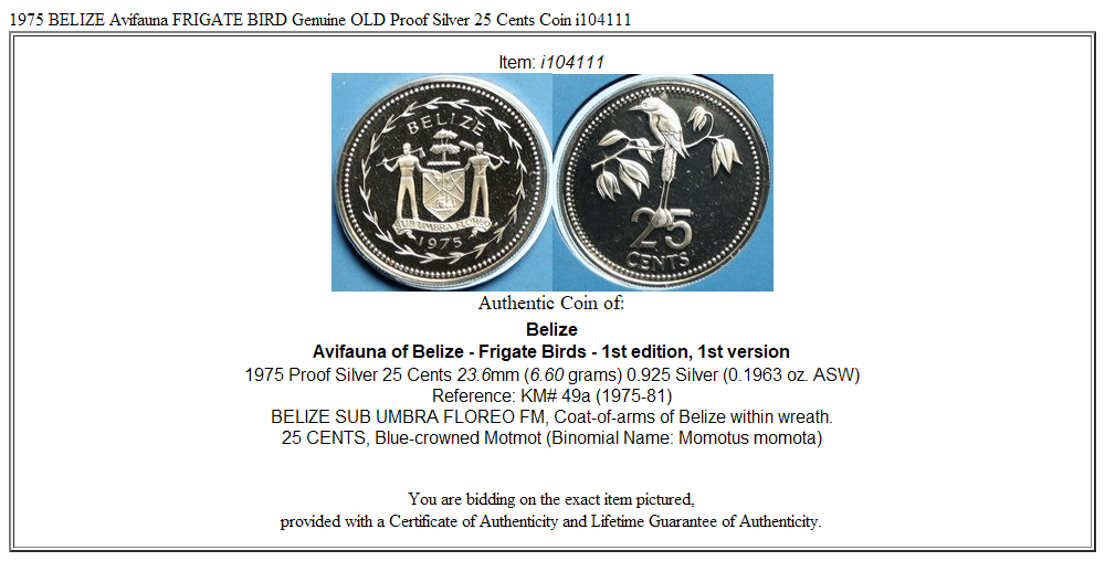 1975 BELIZE Avifauna FRIGATE BIRD Genuine OLD Proof Silver 25 Cents Coin i104111