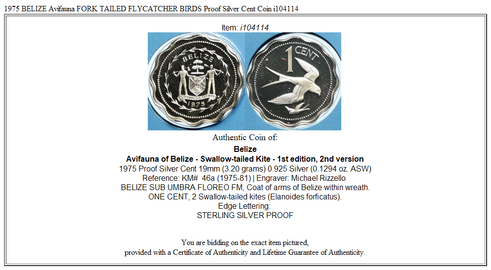 1975 BELIZE Avifauna FORK TAILED FLYCATCHER BIRDS Proof Silver Cent Coin i104114