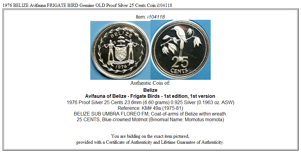 1976 BELIZE Avifauna FRIGATE BIRD Genuine OLD Proof Silver 25 Cents Coin i104118