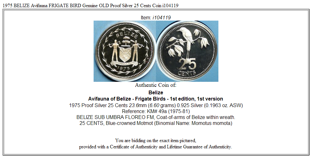 1975 BELIZE Avifauna FRIGATE BIRD Genuine OLD Proof Silver 25 Cents Coin i104119