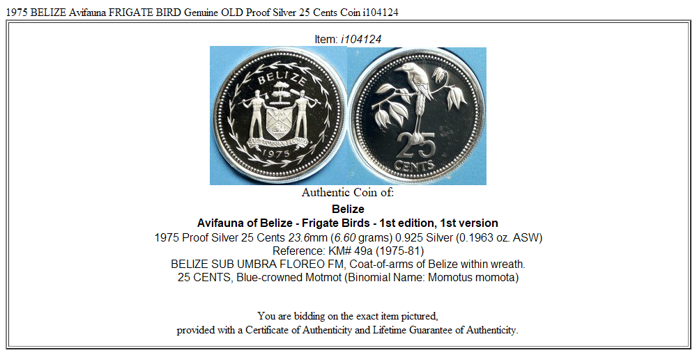 1975 BELIZE Avifauna FRIGATE BIRD Genuine OLD Proof Silver 25 Cents Coin i104124