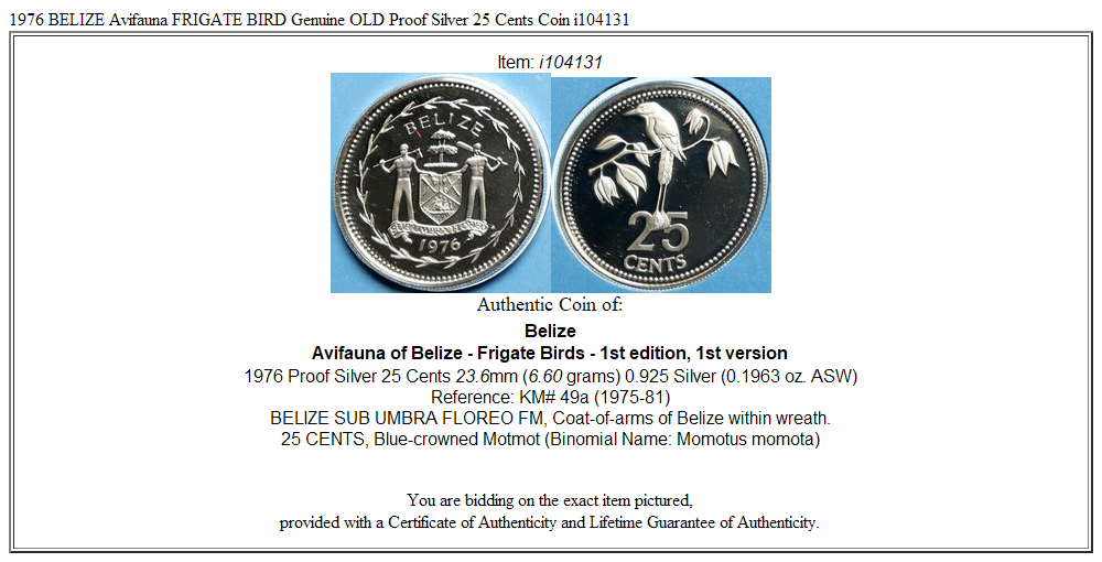 1976 BELIZE Avifauna FRIGATE BIRD Genuine OLD Proof Silver 25 Cents Coin i104131