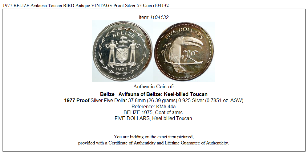 1977 BELIZE Avifauna Toucan BIRD Antique VINTAGE Proof Silver $5 Coin i104132