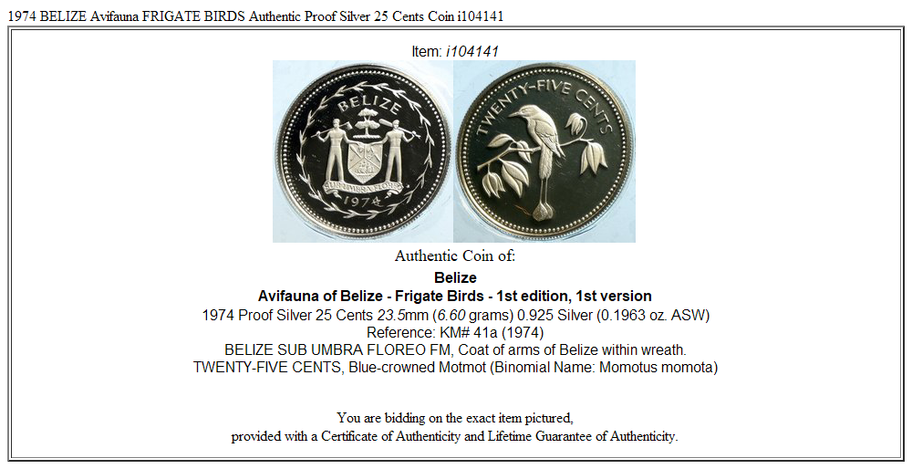 1974 BELIZE Avifauna FRIGATE BIRDS Authentic Proof Silver 25 Cents Coin i104141