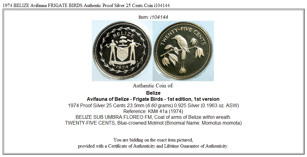 1974 BELIZE Avifauna FRIGATE BIRDS Authentic Proof Silver 25 Cents Coin i104144