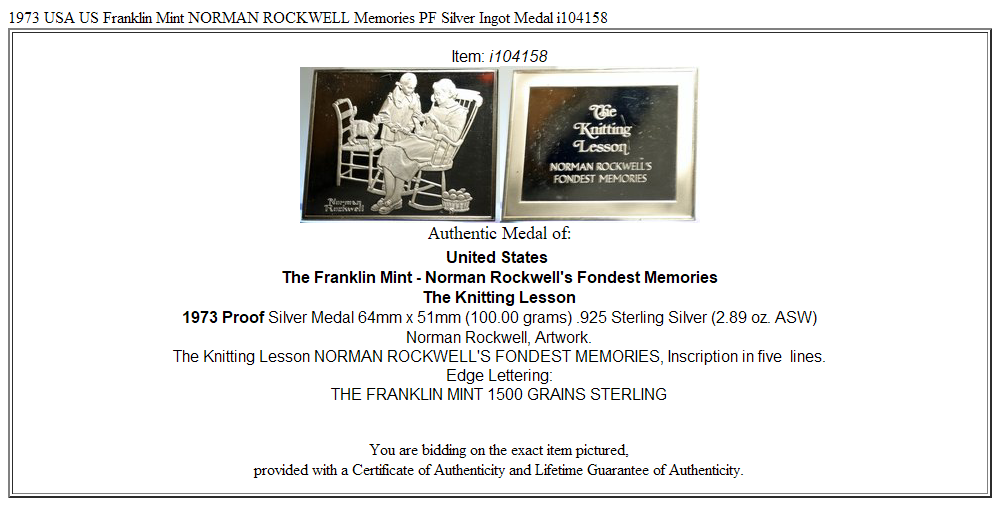 1973 USA US Franklin Mint NORMAN ROCKWELL Memories PF Silver Ingot Medal i104158